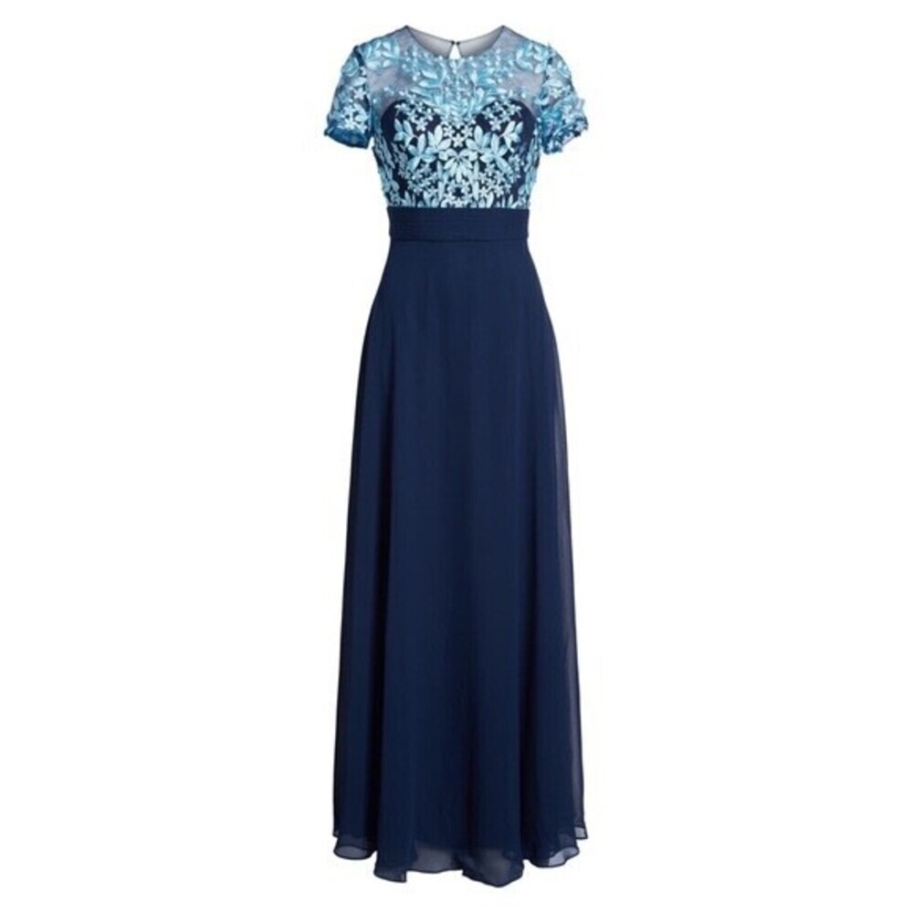 JS Collections Women's Embroidered Bodice Gown Dress In Navy Floral Size 4 $430 - Picture 12 of 14